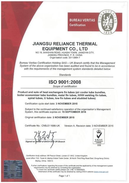 China JIANGSU RELIANCE THERMAL EQUIPMENT CO., LTD Certificações